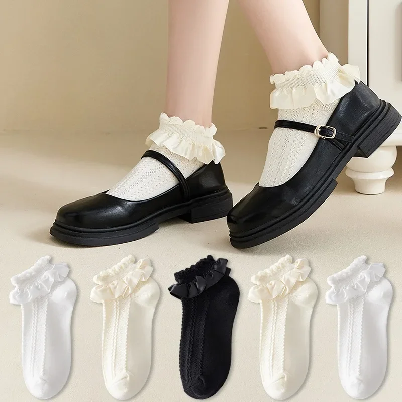 Kawaii Children Ruffle Socks JK Sweet Girls Lolita Cute Princess Cotton Thin Breathable Solid Color Black White Low Tube Socks