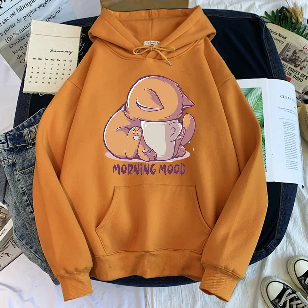 Cute Fox Printed Hooded Sweatshirts Women Plush Loose Casual Pullovers Big Pockets Autumn Winter Cartoon Hoodies Cartoon Coats