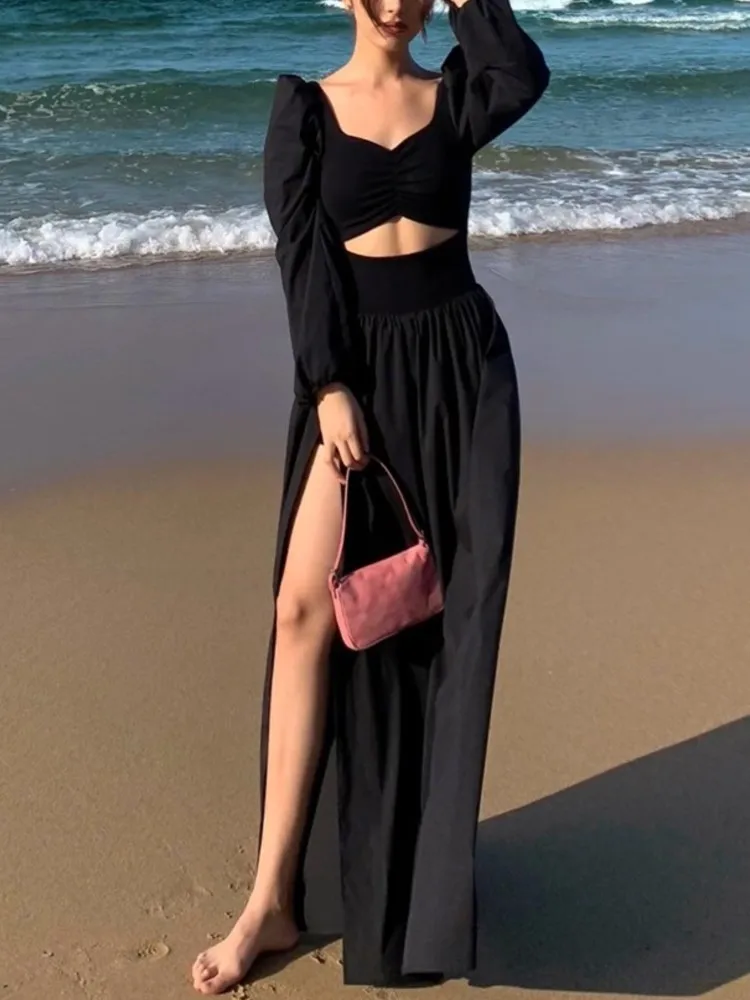 

Vintage Casual Women Autumn Black Dress Long Sleeve Elegant Solid Party Beach Midi Vestidos Female Prom Birthday Robe Clothings