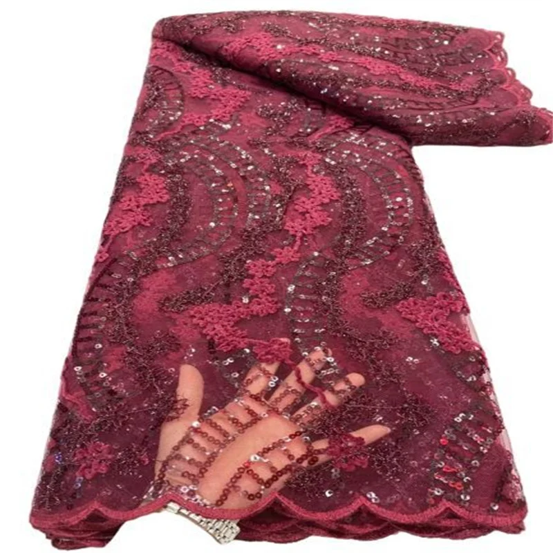 

African Sequins Lace Fabric 2023 Wine High Quality Handmade Beaded Nigerian French Tulle Lace Material For Wedding Dress D99-2