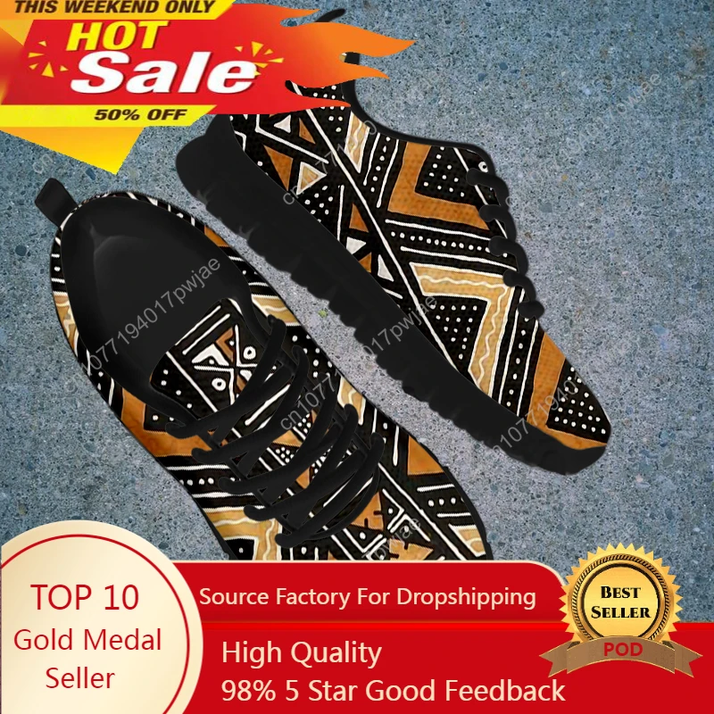 African Print Women Lace Up Sneakers Mesh Ladies Shoes Ethnic Tribal Pattern Light Casual Black Walking Footwear Dropship