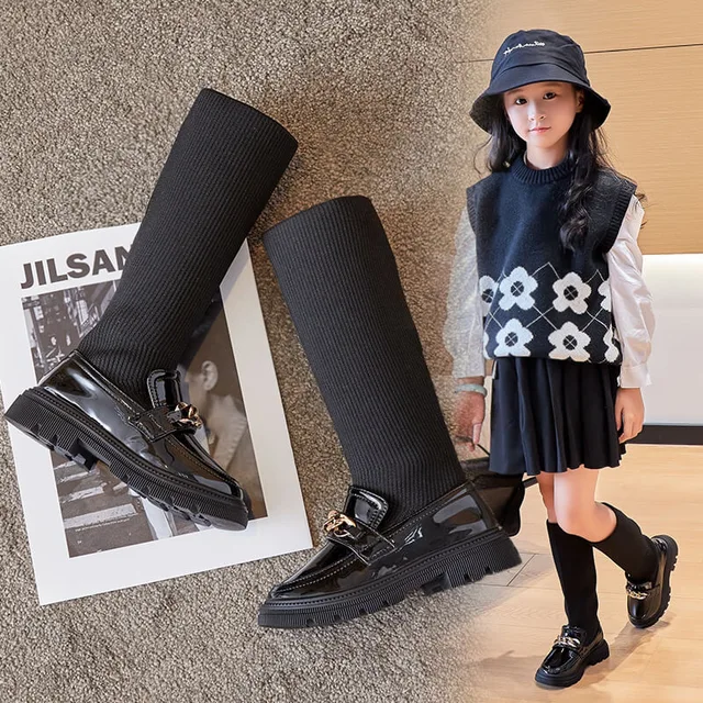 2022 New Winter Korean Over-the-knee Boot for Girls with Metal Chain Sock Boots Kids Fashion Solid Glossy Chic Girls Casual Shoe 3
