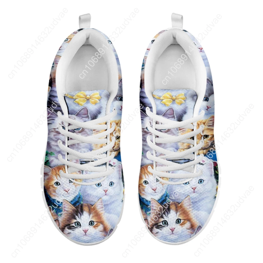 Women's Cat Print Shoes Cartoon Cat Comfortable Breathable Fashion Sneakers Gift For Cat Lovers White Casual Shoes