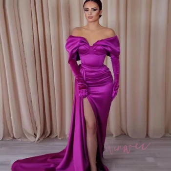 Customized Purple Party Dresses Floor-Length Prom Dress Off the Shoulder Shawl Gloves robes de soirée Side Slit Satin 2025