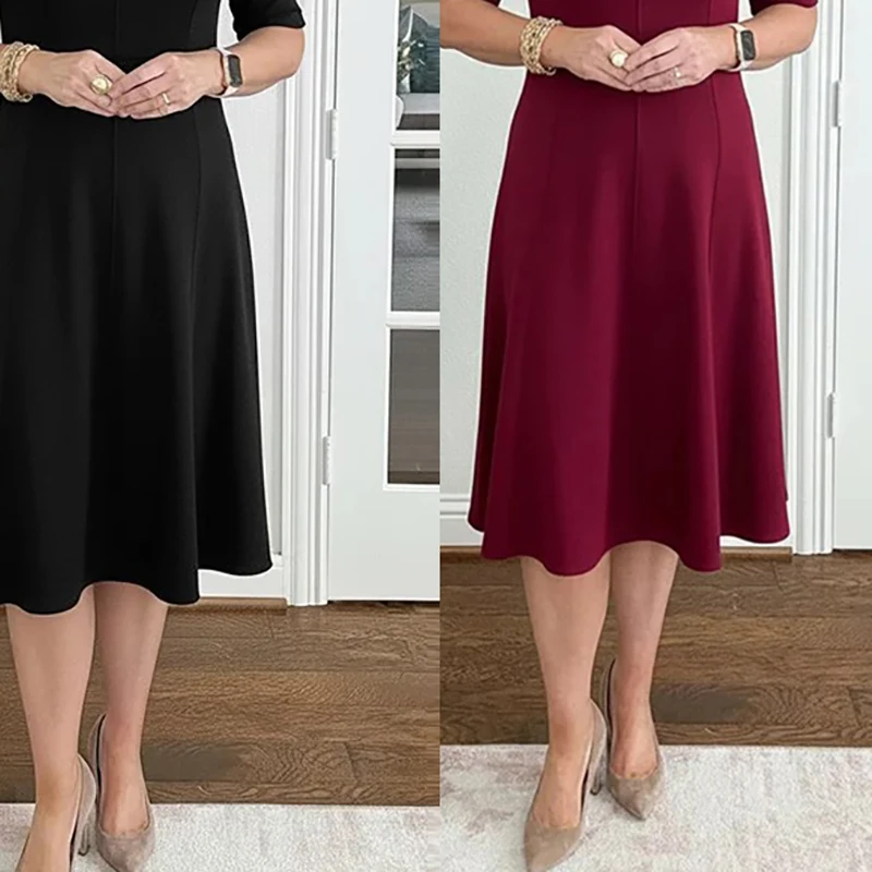 Abito midi elegante da donna, alla moda, con scollo a O, tinta unita, maniche corte, vestibilità ampia, linea ad A, per feste in spiaggia, abito da ufficio per donna - immagine 2