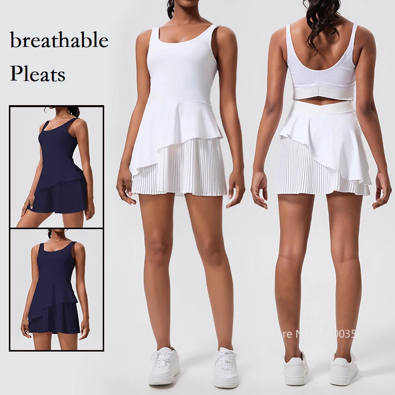 Tennis Dress Women Sleeveless Push Up Padded Sport Dresses Training Running Fitness Hollow Skirts Pleated Slim Badminton Suit