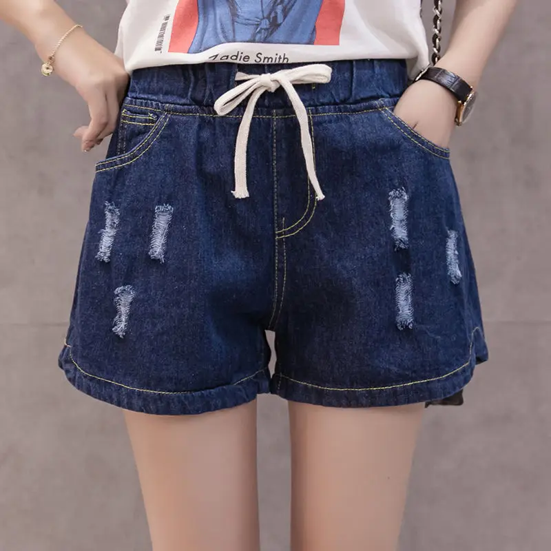 Short Pants for Woman To Wear Office Denim Women's Shorts Ripped with Belt Jeans Work Elastic Waist Elegant Cheap Low Price XL