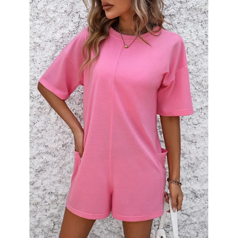 Summer New Women's Solid Color Crew Neck Spliced Casual Short Sleeve Fashion Loose Jumpsuit Backless Women's Outdoor Sportswear