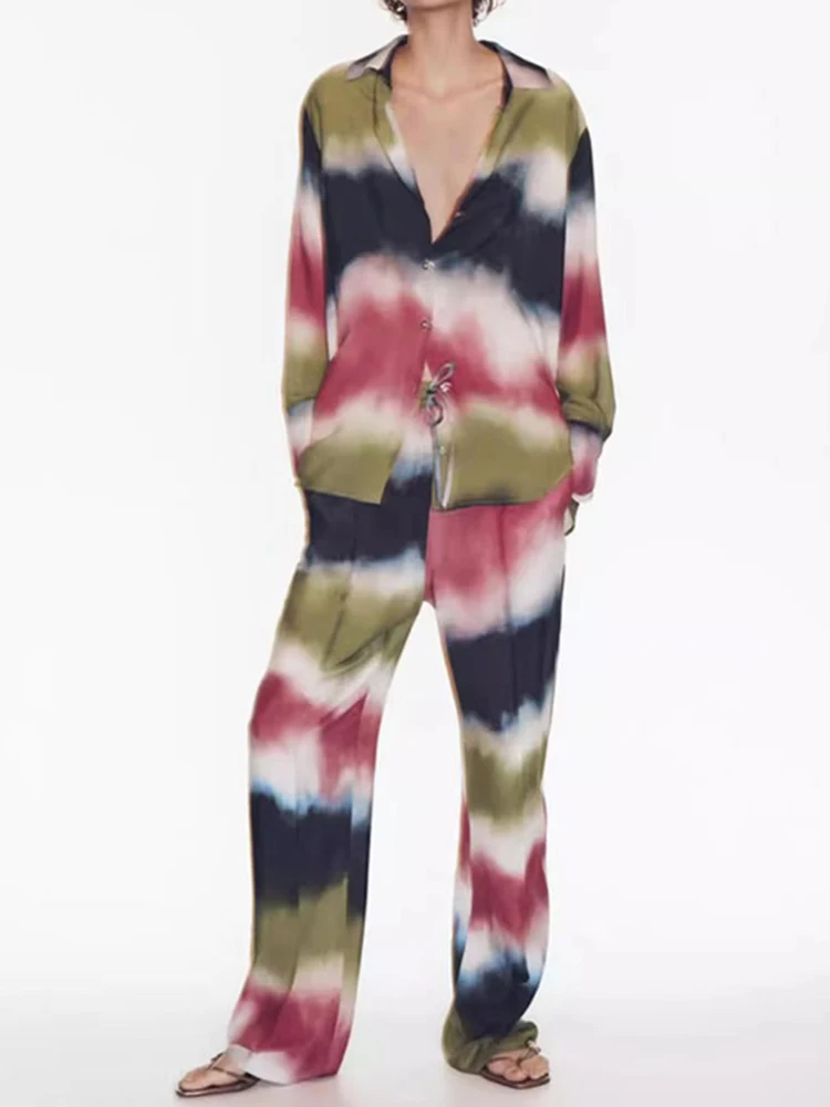 

Autumn New Women Tie Dyed Blouse Pant Sets 2023 New Leisure Female Lapel Single Breasted Long Sleeve Shirt+Straight Long Pant