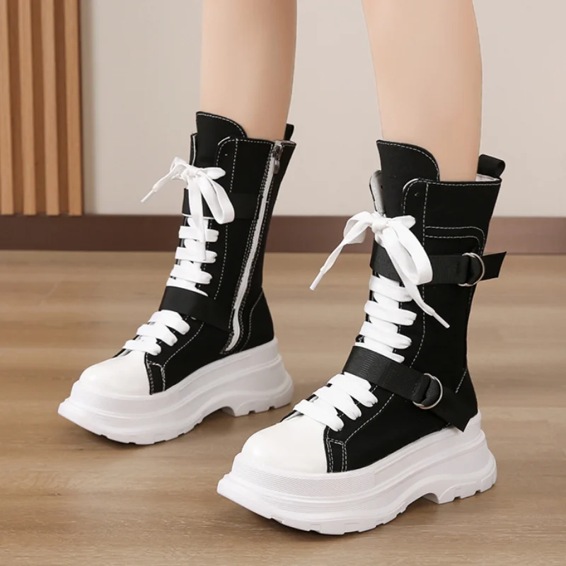 ZOKI Canvas Chunky Platform Women's Boots 2022 Autumn LaceUp Zipper