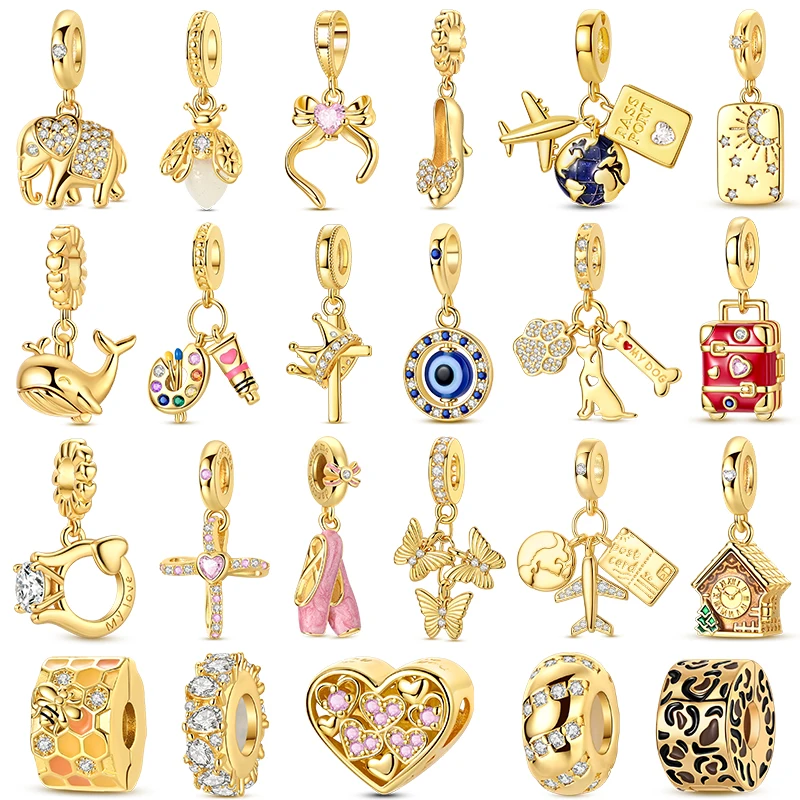 Original 925 Silber Gold Charms Perlen für Armband DIY Elefant Hund Herz Anhänger für Frau Schmuck
