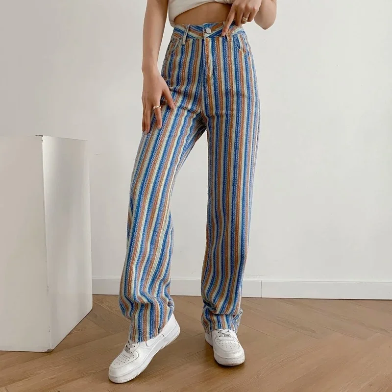 Fashion Summer Women's Pants Women's Clothing e girl aesthetic Color Striped Straight High Waist Casual Pants Streetwear Women