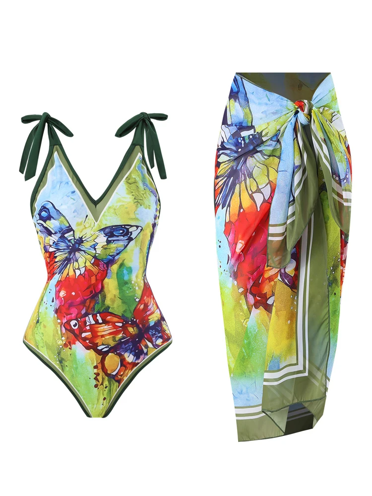 

Fashion Printed V-neck Feminine Bikinis Swimsuit Woman 2023 Lace Up One Piece Swimsuit Sexy High Waisted Backless Beach Outfit