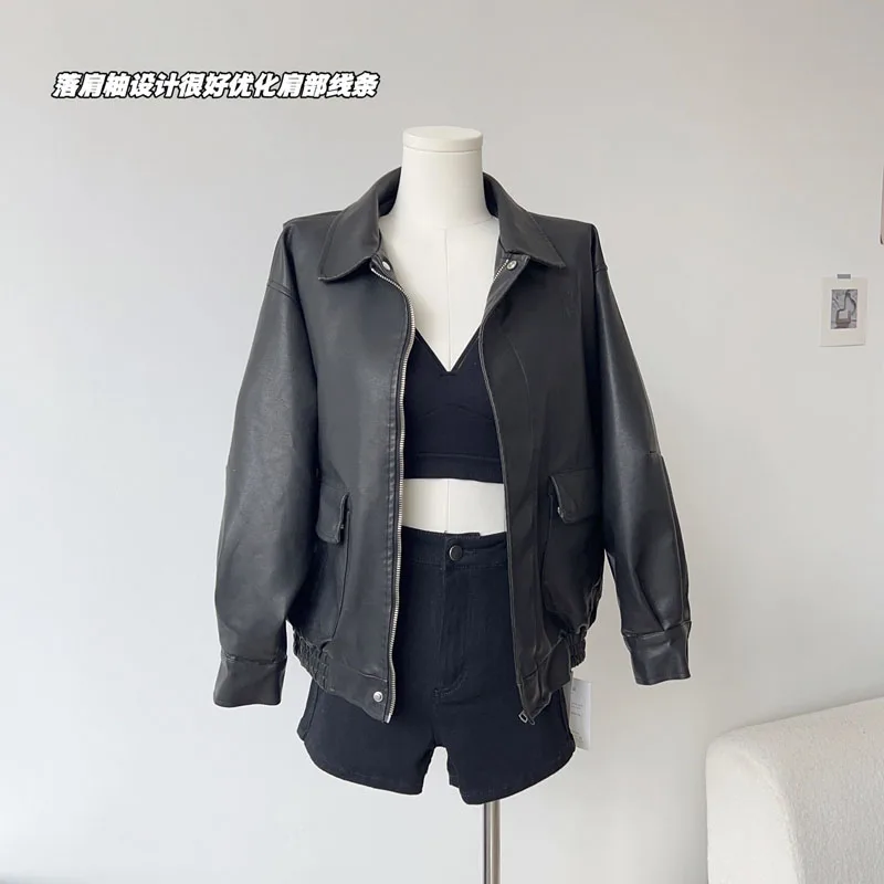 

Women's aesthetic Leather Coat Ladies Y2K 2023 New American Streetwear Design Simple Chic Korean-Style Leather Coats