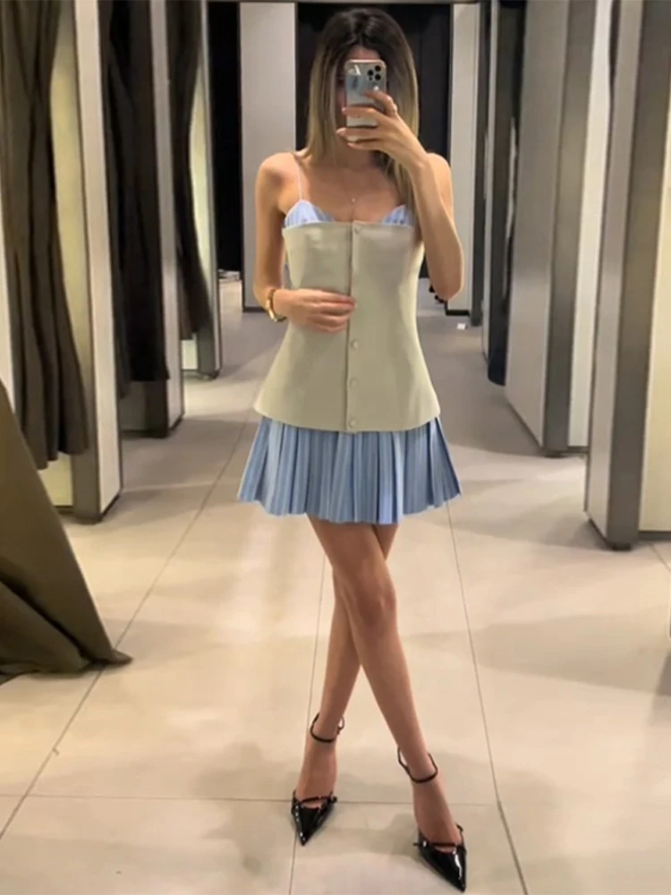 Patchwork Pleated Mini Dress Women Sexy Slim Sleeveless Contrast Female Short Dresses 2025 Summer Y2k Street Lady Sling Vestidos 3