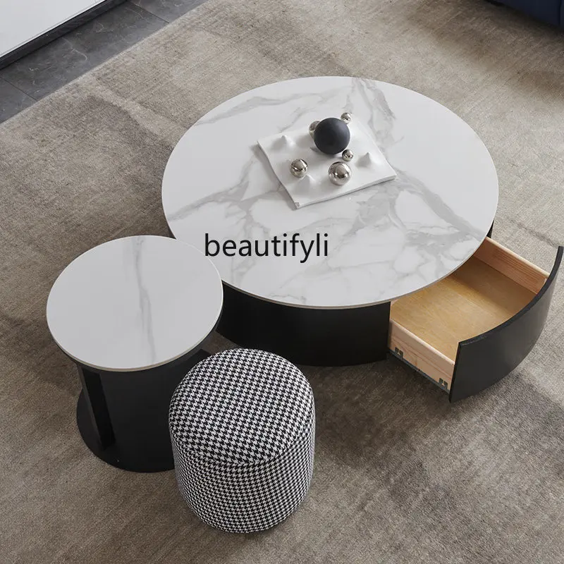 

Home Modern Minimalist Stone Plate Coffee Table TV Cabinet Combination Living Room round Tea Table Combination Furniture