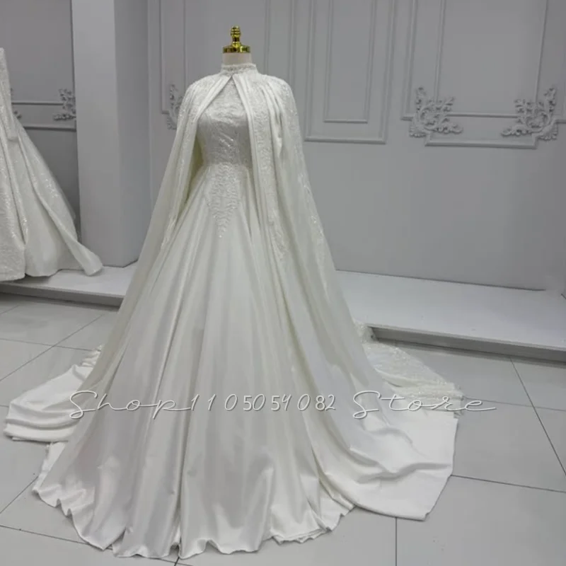 Trailing Robe Customized Luxury High Neck Muslim Wedding Dresses High Neck Beaded ...