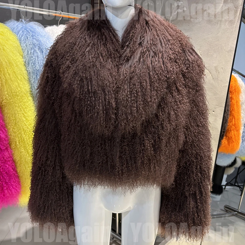 YOLOAgain 2025 Autumn Winter Warm Turn-Down Collar Real Mongolia Sheep Fur Jacket Coat Women Short Black Sheep Fur Jacket Female