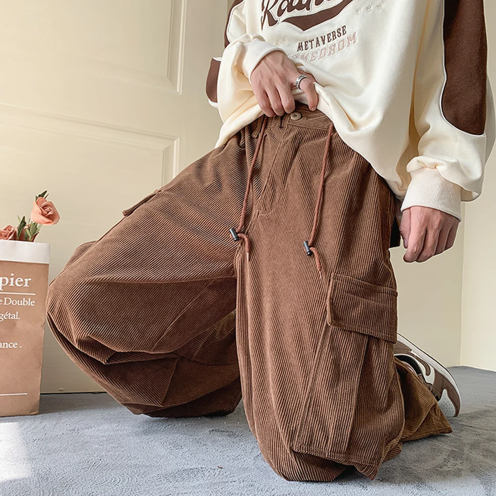 Men's Brown Y2K Baggy Japan Pants Oversized Corduroy Loose Wide