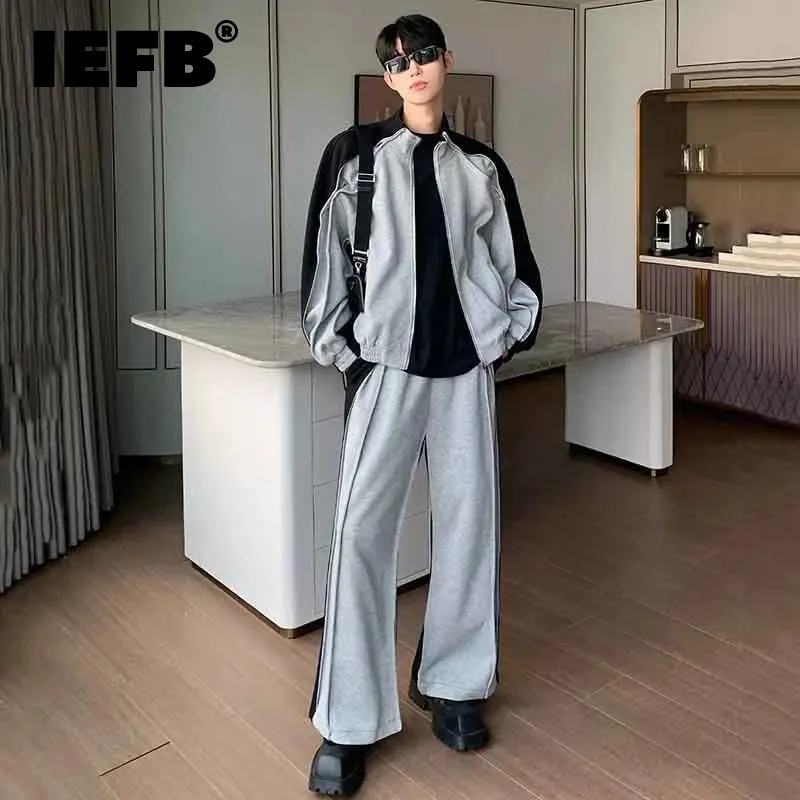 

IEFB Trend Men Set Niche Design Splicing Contrast Color Jacket Korean Style Fashion Two Piece Autumn Winter Sports Suits 9C2977