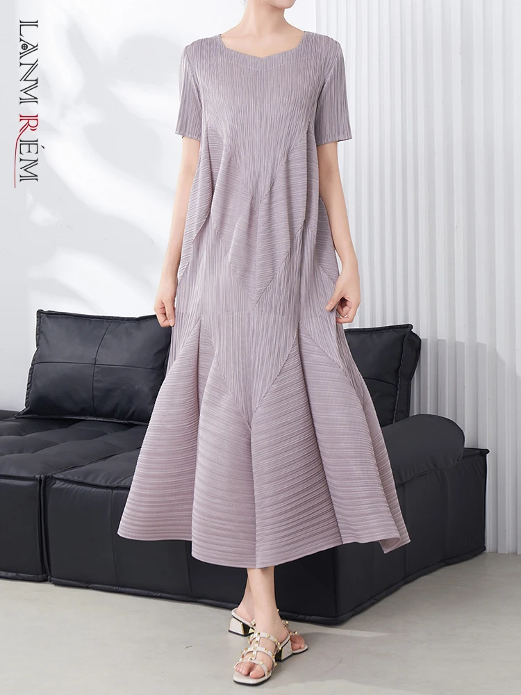 LANMREM Flower Bud Pleated Short Sleeved Dress For Women Summer Cloth 2025 New Loose Fit Round Collar Blue Dresses Chic 2DB3102