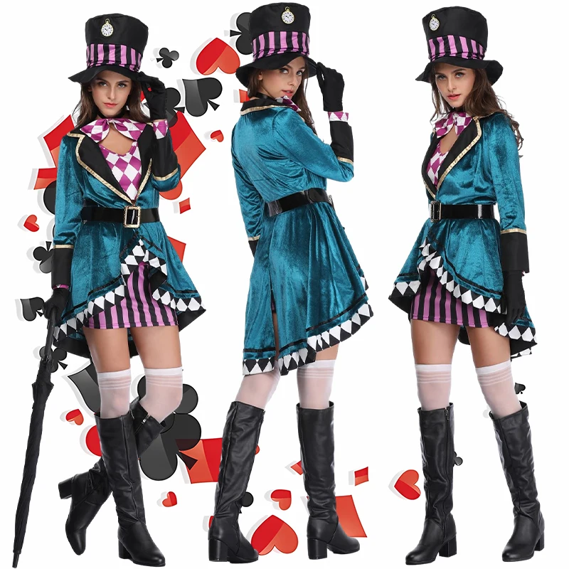 

S-6XL Large Halloween Costume Adult Women Mad Hat Miss Fantasy Dress Gothic Wonderland Role Playing Costume Hat Set Magician