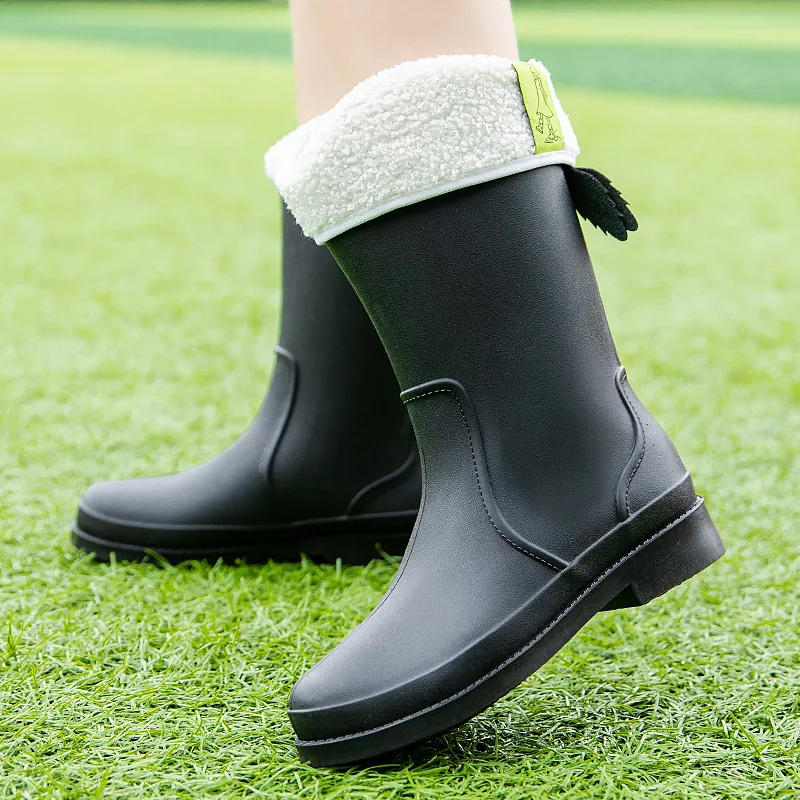 New Fashion Mid-calf Warm Rain Boots Outdoor Comfortable Waterproof Work Shoes Women Solid Color Water Boots