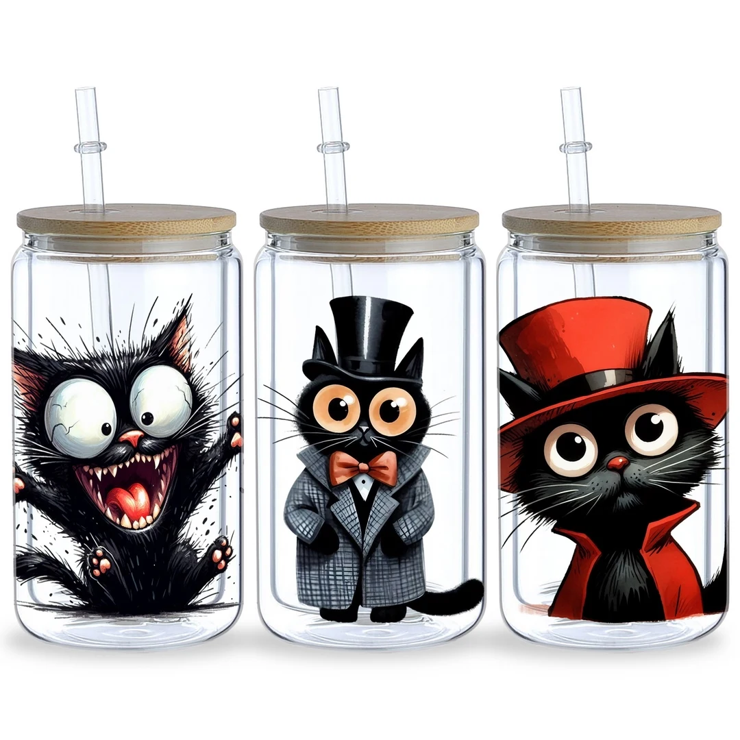 14pcs Funny Black Cat UV DTF Transfer Stickers Mug Waterproof Stickers for DIY Crafts for 16 oz glass
