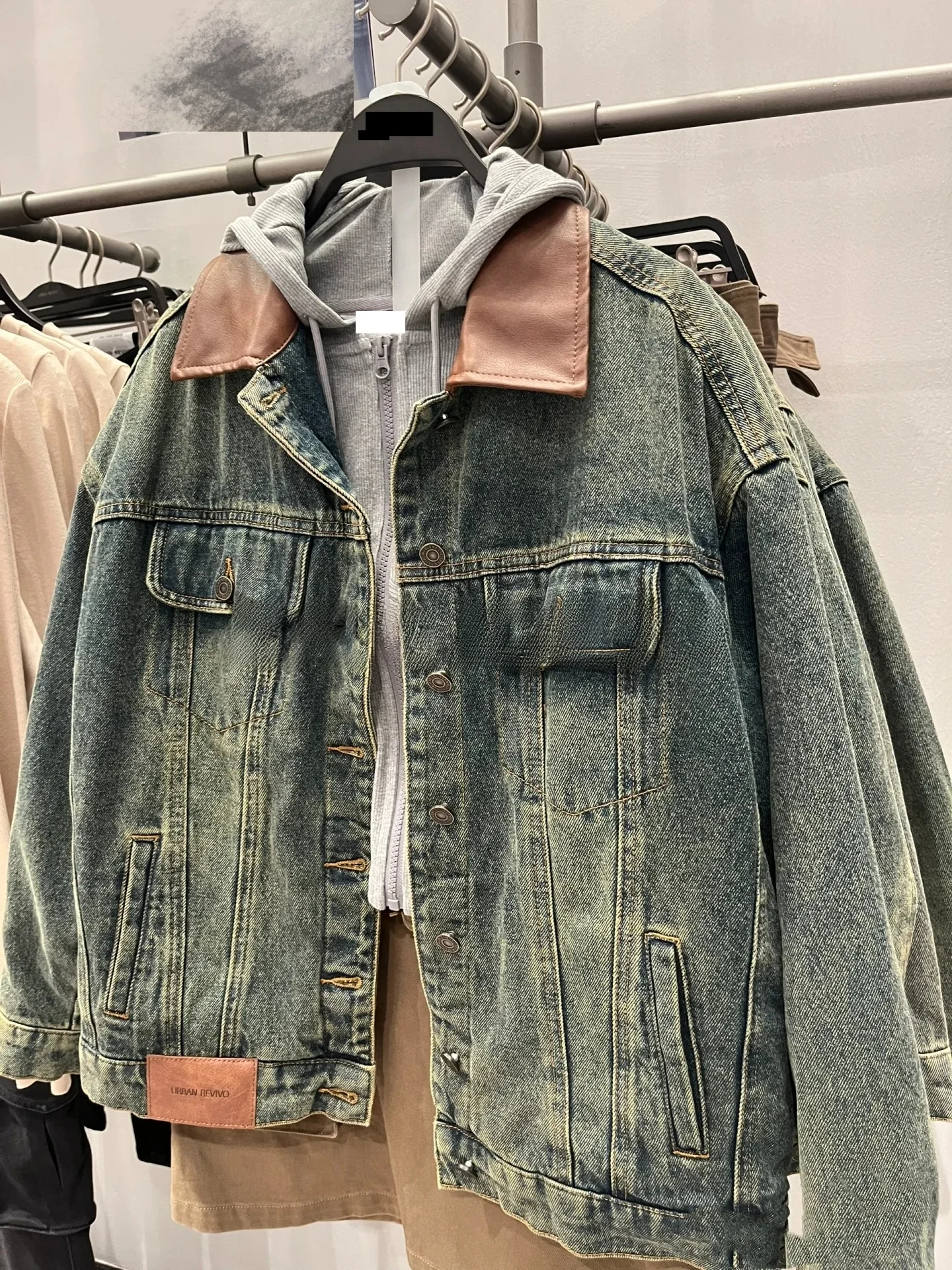 Retro Washed Color Block Collar Cotton Denim Jacket New