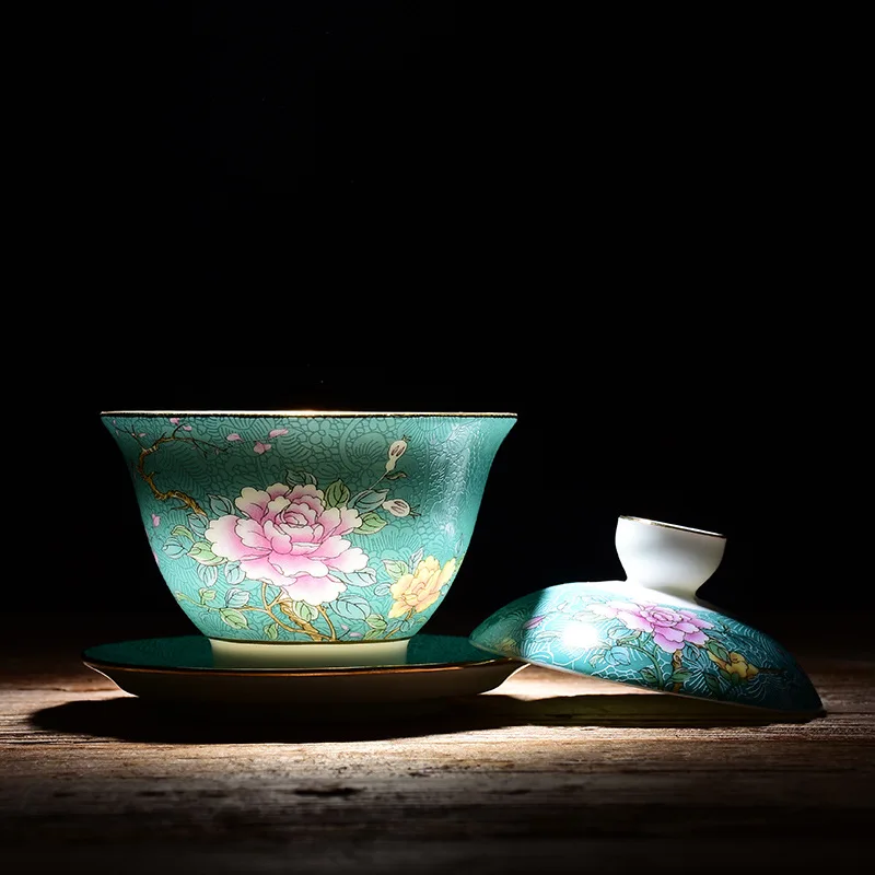 Exquisite Enamel Color Tea Cup Set Hand Painted Flower And Bird Master Cup Tea Bowl With Saucer Porcelain Kung Fu Teacup