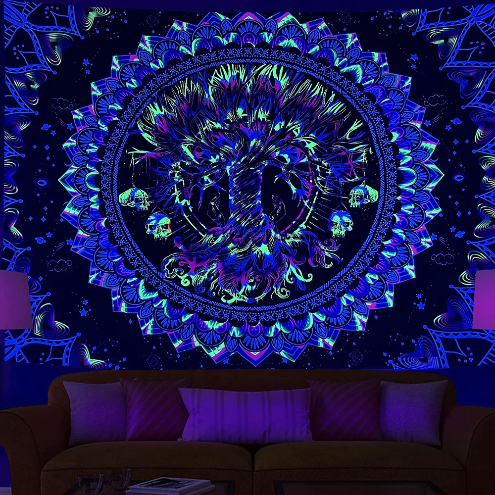 Tapestry Decor Fluorescent mandala tapestry UV psychedelic mushroom decoration home bedroom aesthetic room art decoration