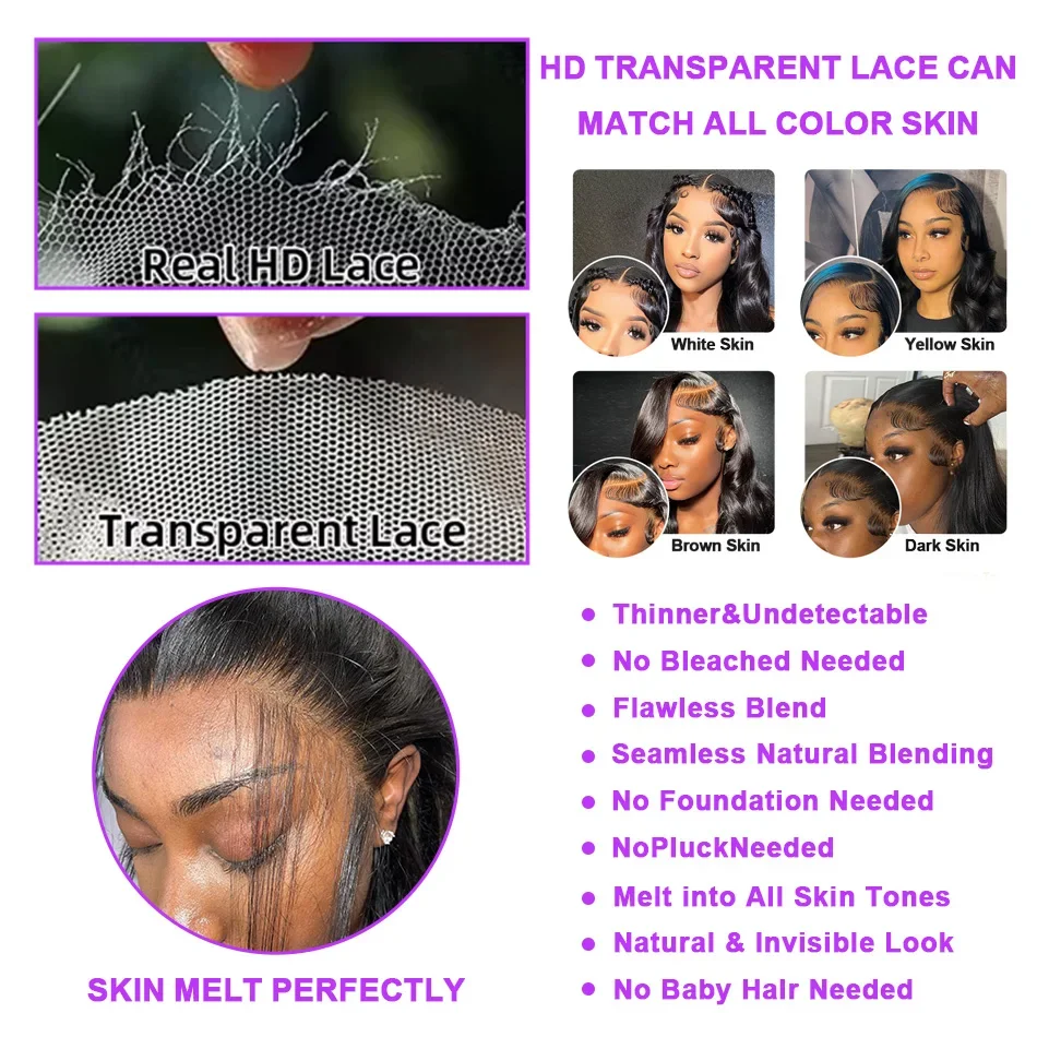 250 Density 40 42 Inch Body Wave Human Hair 13x4 HD Transparent Lace Front Wig Glueless Wear and Go black 13x6 Lace Frontal Wigs 6