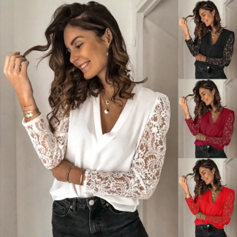 

Blouses Women's New Patchwork Lace Long Sleeved Chiffon Bottom Shirt for Women's Clothing Blusas De Mujer Corset Top