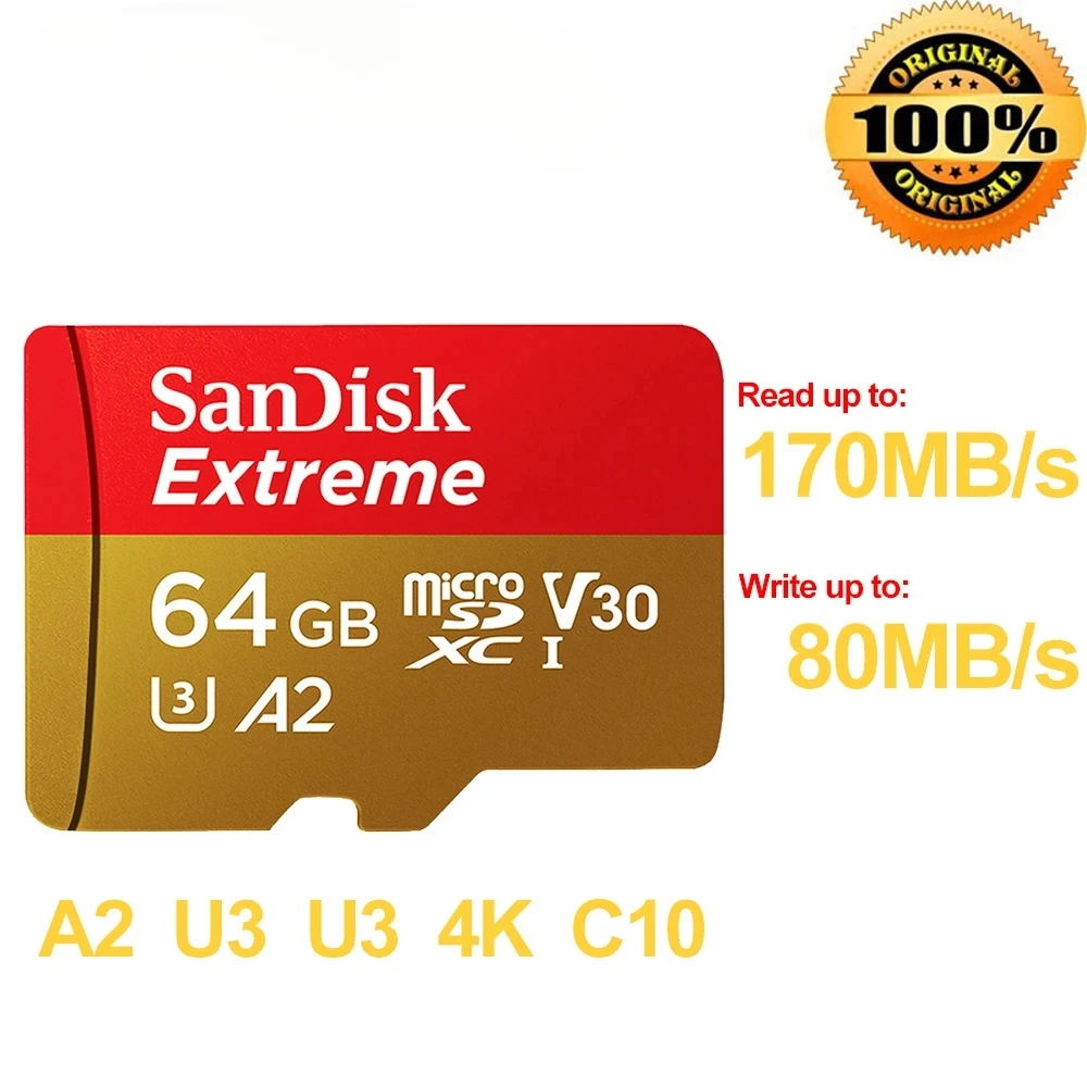 thumbnail image 1 of Original Extreme Micro SD Cards A2 Memory Card V30 U3 Flash Card 64GB 32GB A1 TF Cards 128GB 256GB Memory Microsd For DJI drone, 1 of 5