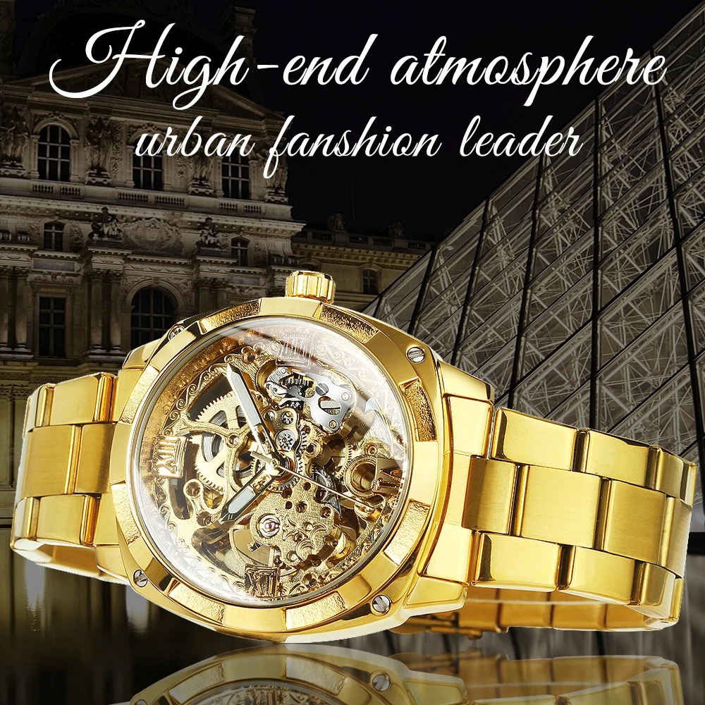 Forsining Transparent Skeleton Gold Watch for Men Mechanical Wristwatches Vintage Engraved Automatic Watches Mens Steel