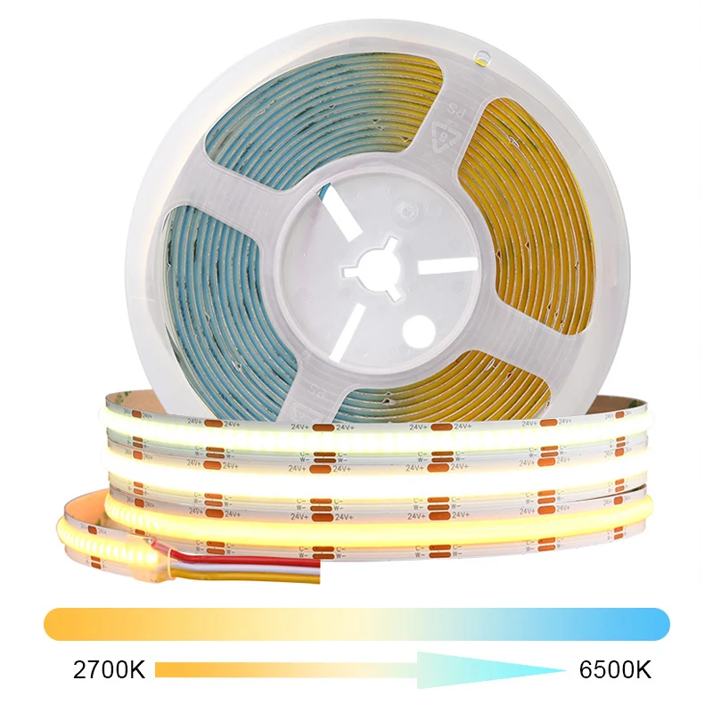 CCT COB LED Strip Lights High Density 608 LEDs/m Flexible Dimmable FOB Led Tape 2700K to 6500K Changeable LED Lighting DC12V 24V