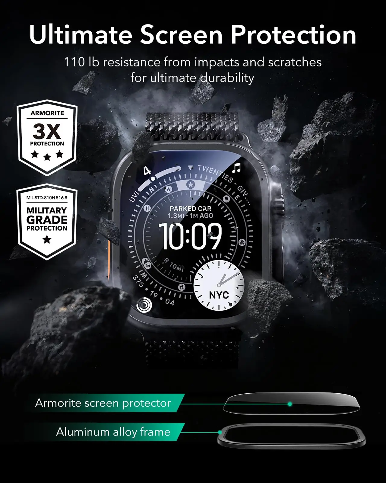 Titanium Metal Tempered Glass Screen Protector for Apple Watch - Anti-Scratch Frame (2-Pack)