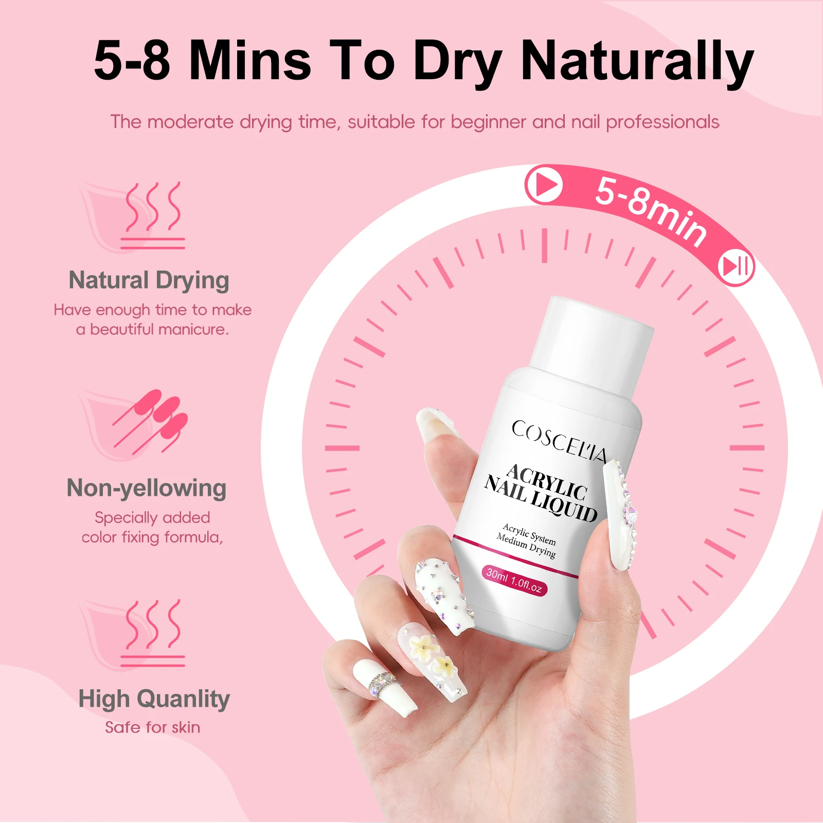 Coscelia 30ML Acrylic Liquid Kit with 3PCS Acrylic Powder and Nail Art Pen Brush for Nails Quick Nail Building Nail Tools 3