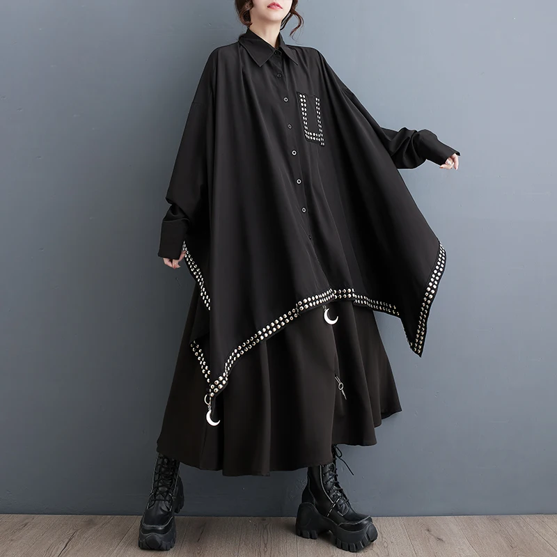 

SuperAen 2024 весеннее Новое свободное модное платье-рубашка с заклепками