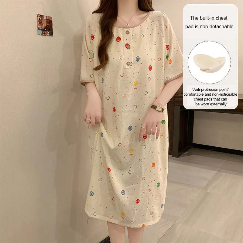 Women's Korean Style Home Skirt Fresh Sweet Loose Fit Dress Summer Leisure Comfortable Nightgowns Round Neck Sleepwear Skirt