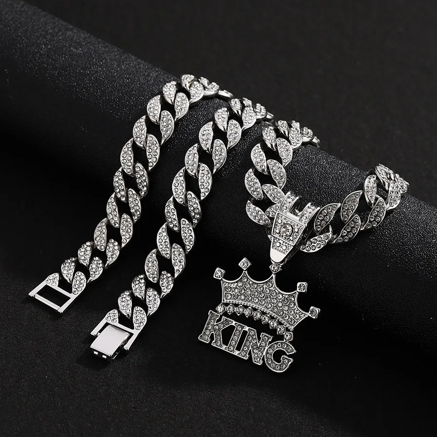 Men's Hip Hop Crown with King Pendant Necklace with Crystal Cuban
