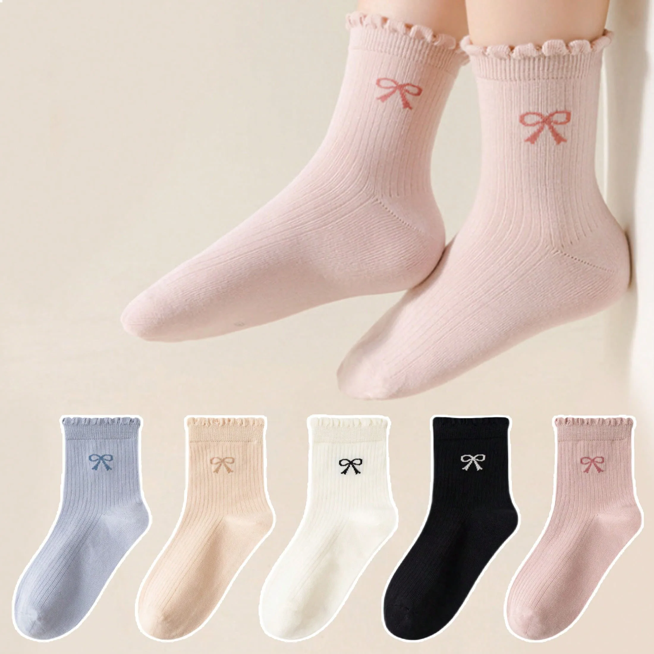 여아 및 유아용 레이스 리본 패턴이 있는 무작위 혼합 색상 아동용 양말 3쌍, 일상 생활에 적합한 사계절 다용도 종아리 중간 양말