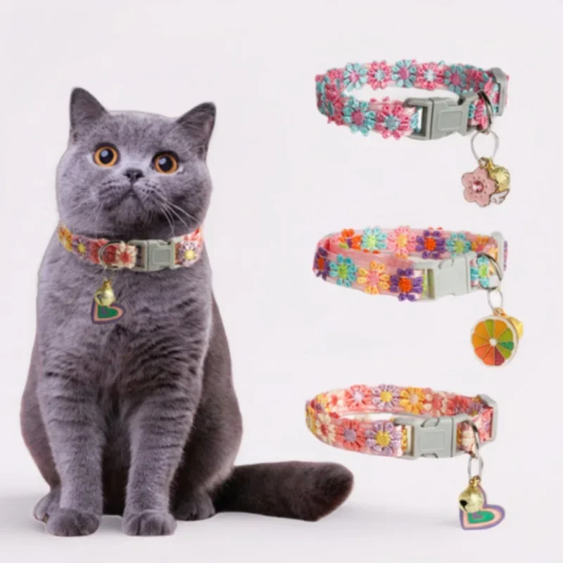 Cherry Blossom Embroidered Cat Collar with Bell – Breakaway Safety Buckle 2