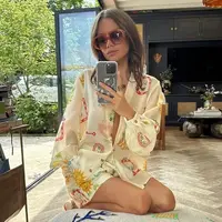 Women Fashion Elastic Waist Two Piece Sets Elegant Floral Print Lapel Long Sleeve Top Short Pants Suit Casual Holiday Outfits - Image 2