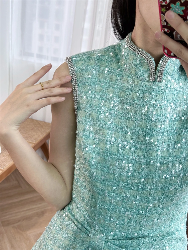 

Elegant New Chinese Style 2024 Spring New Brilliant Mint Green Mixed Color Sequins Women's Diamond Edge Waist Wrap Dress