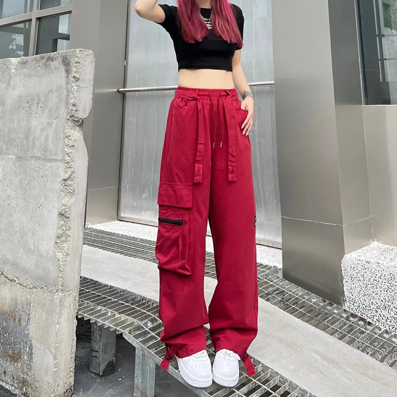 

American Cargo Pants Hiphop For Women 2022 Fall Belted Pockets Wide Leg Pants Casual Trousers Female 2622