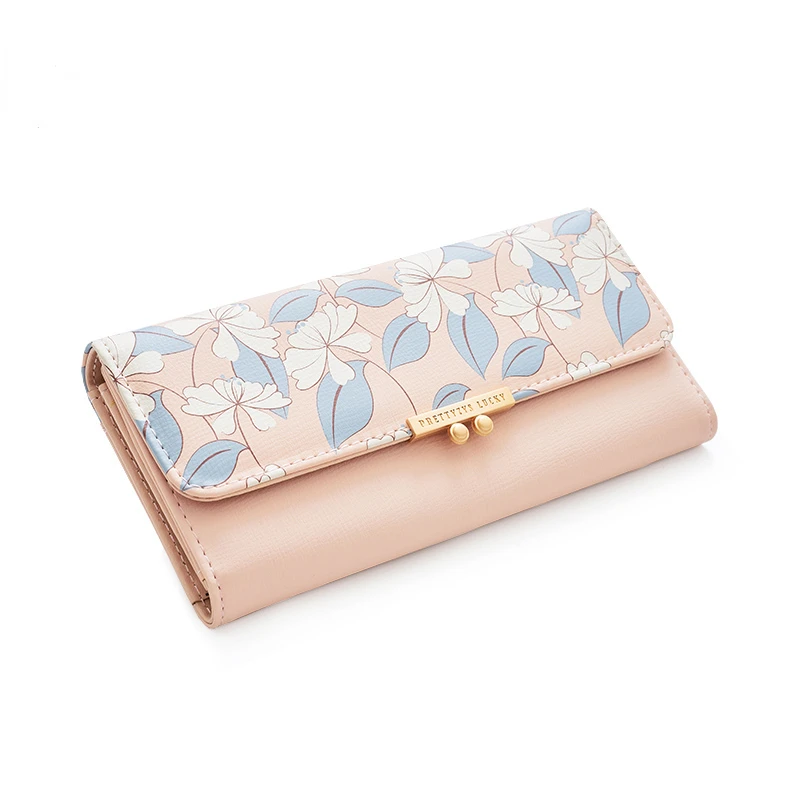 Carteira de flores de impressão longa para mulheres, bolsa de telefone feminina de três dretas, carteira de grande capacidade, marca de moda fofa