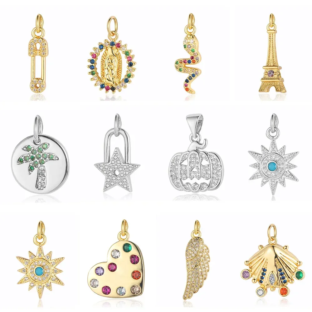 Rame Zircone Cubico Halloween Zucca Lampada Shell Angel Wing Palm Pin Charms Torre Eiffel Orecchino Collana Pendente