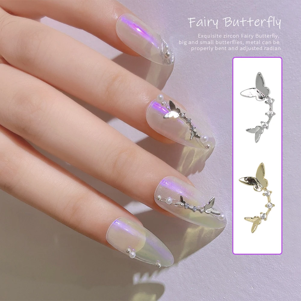 

20pcs Alice's Fairy Butterfly Chains Zircon Charms Glossy Butterfly Nail Jewelry Diamond 1/2 Garland Nail Tip Embellishment 6*11