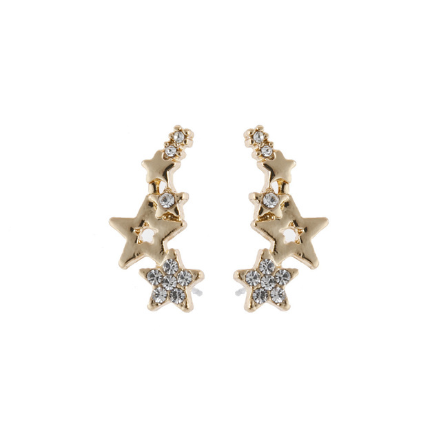 Pair Elegant Star Silvery Gold Color Stud Connected Earrings Women White Zircon Rhinestone Fashion Jewelry Girls Gifts
